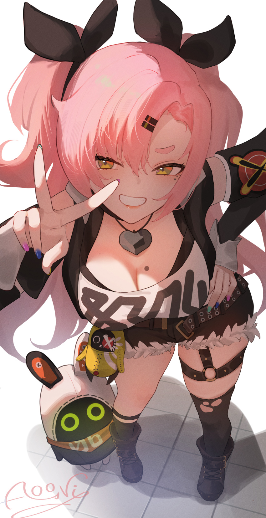1girl, absurdres, aooni_09, bangboo_(zenless_zone_zero), black_shorts, breasts, eous_(zenless_zone_zero), green_eyes