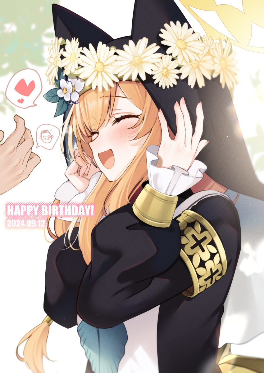 1boy, 1girl, absurdres, animal_ear_headwear, birthday, blue_archive, coif, doodle_sensei_(blue_archive), facing_to_the_side, flower, habit, halo, hat, hat_flower, head_wreath, heart, highres, mari_(blue_archive), nun, orange_hair, sasakichi_(ssk_chi), sensei_(blue_archive), smile, spoken_heart, white_flower, yellow_halo