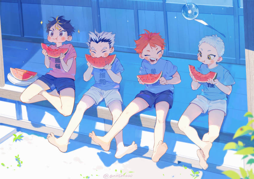 4boys, aged_down, annsmow, architecture, artist_name, barefoot, black_hair, blue_shirt