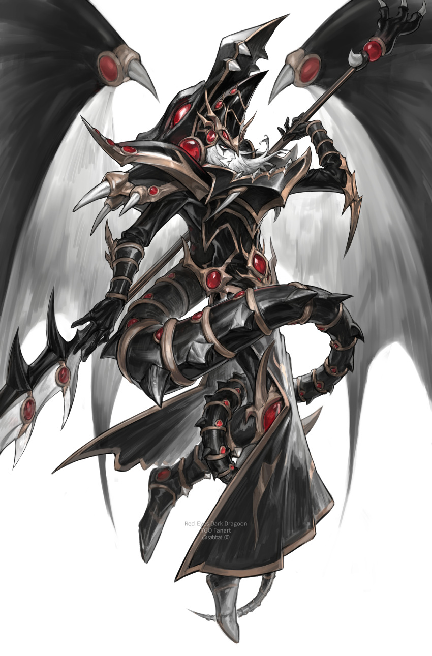 1boy, absurdres, armor, black_armor, black_wings, character_name, duel_monster, full_body
