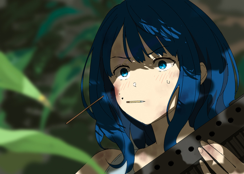 1girl, a1_(initial-g), blue_eyes, blue_hair, blurry, dappled_sunlight, depth_of_field, food, grey_tank_top, holding, jungle, make_heroine_ga_oo_sugiru!, medium_hair, mouth_hold, nature, parody, pocky, solo, sunlight, tank_top, upper_body, yanami_anna