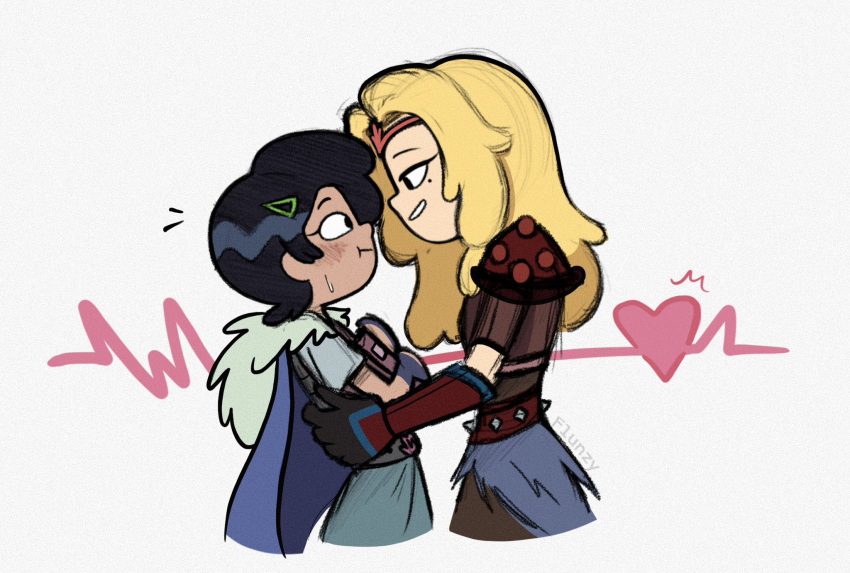 2girls, amphibia, armor, black_hair, blonde_hair, blue_cape, blush, breastplate