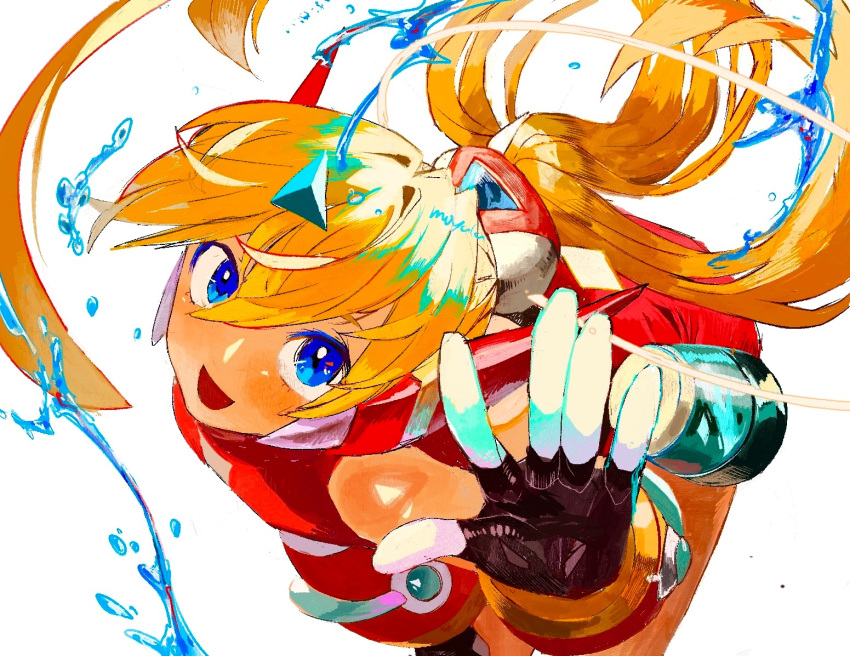 1girl, bent_over, bikini, blonde_hair, blue_eyes, cairngorm999, ciel_(mega_man), looking_at_viewer, mega_man_(series), mega_man_x_(series), mega_man_x_dive, mega_man_zero_(series), official_alternate_costume, ponytail, red_bikini, simple_background, solo, swimsuit, water, white_background