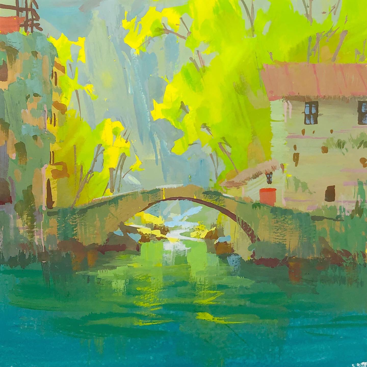 bridge, commentary, english_commentary, gouache_(medium), highres, house, no_humans, original, painting_(medium), reflection, river, scenery, sky, tommykimart, traditional_media, tree, watercolor_(medium), window