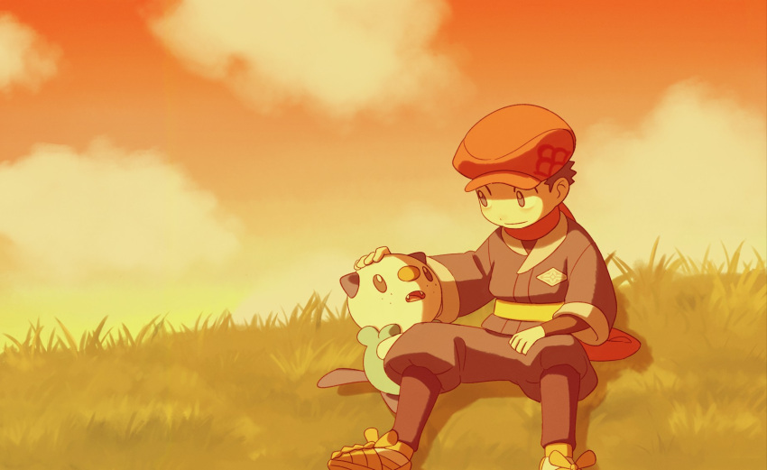 1boy, bags_under_eyes, black_hair, cabbie_hat, dot_nose, eye_contact, fangs, feiyang02