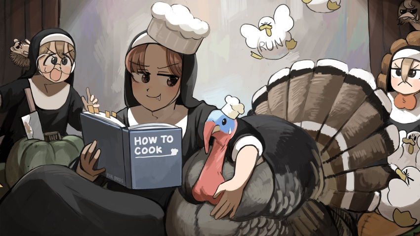 3girls, bird, blue_eyes, book, brown_eyes, brown_hair, chef_hat, chicken