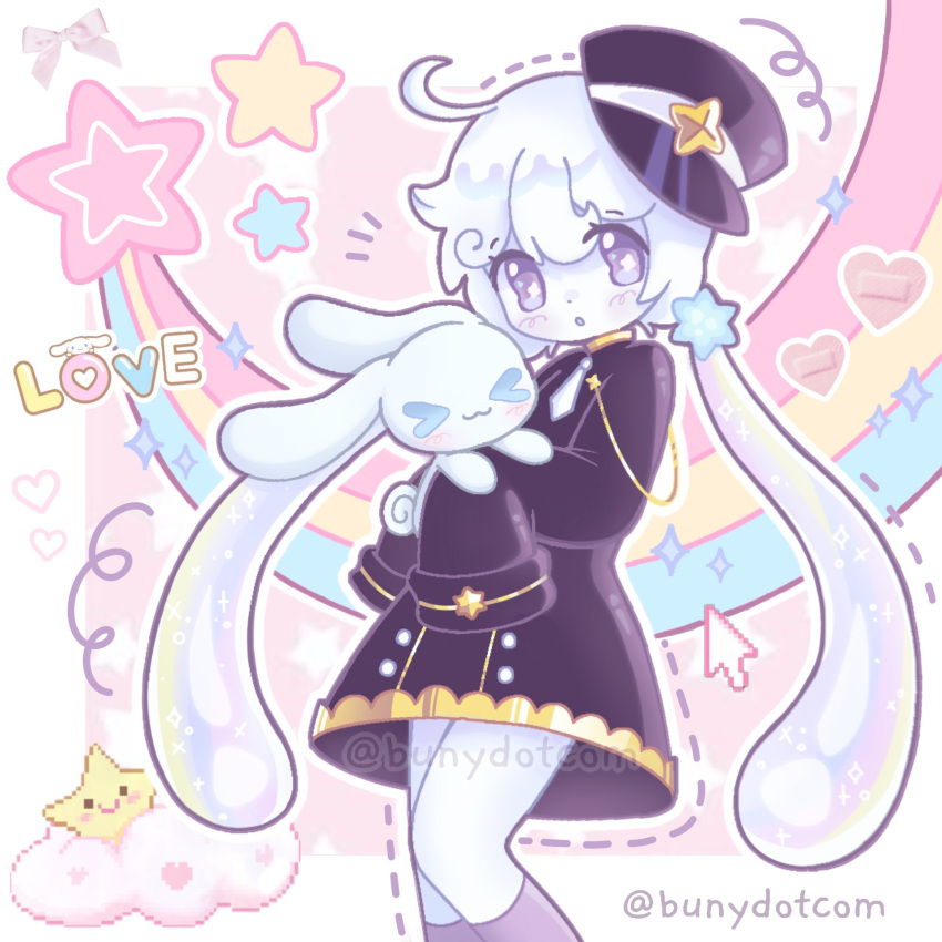 >_<, 1girl, :3, :o, animal, ankle_socks, black_dress, black_hat