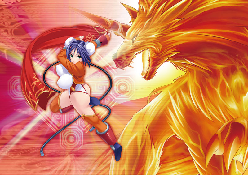 arcana_heart, armor, ass, blue_hair, blush, boots, breasts, bun_cover