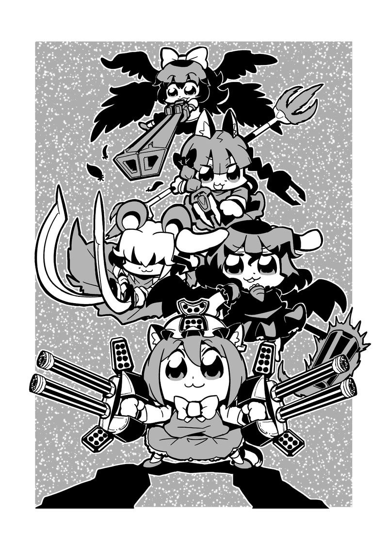 arm_cannon, bkub, chen, gatling_gun, gun, gundam, gundam_deathscythe_hell_custom, gundam_heavyarms_custom
