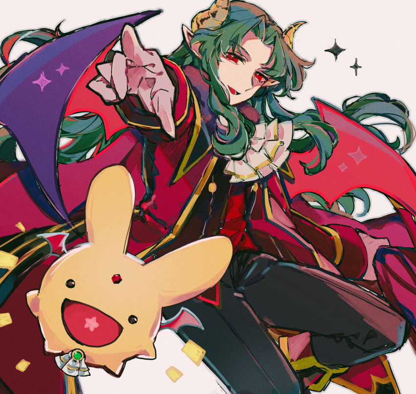 1boy, absurdres, arm_at_side, ascot, bishounen, black_pants, blue_wings, carbuncle_(puyopuyo)