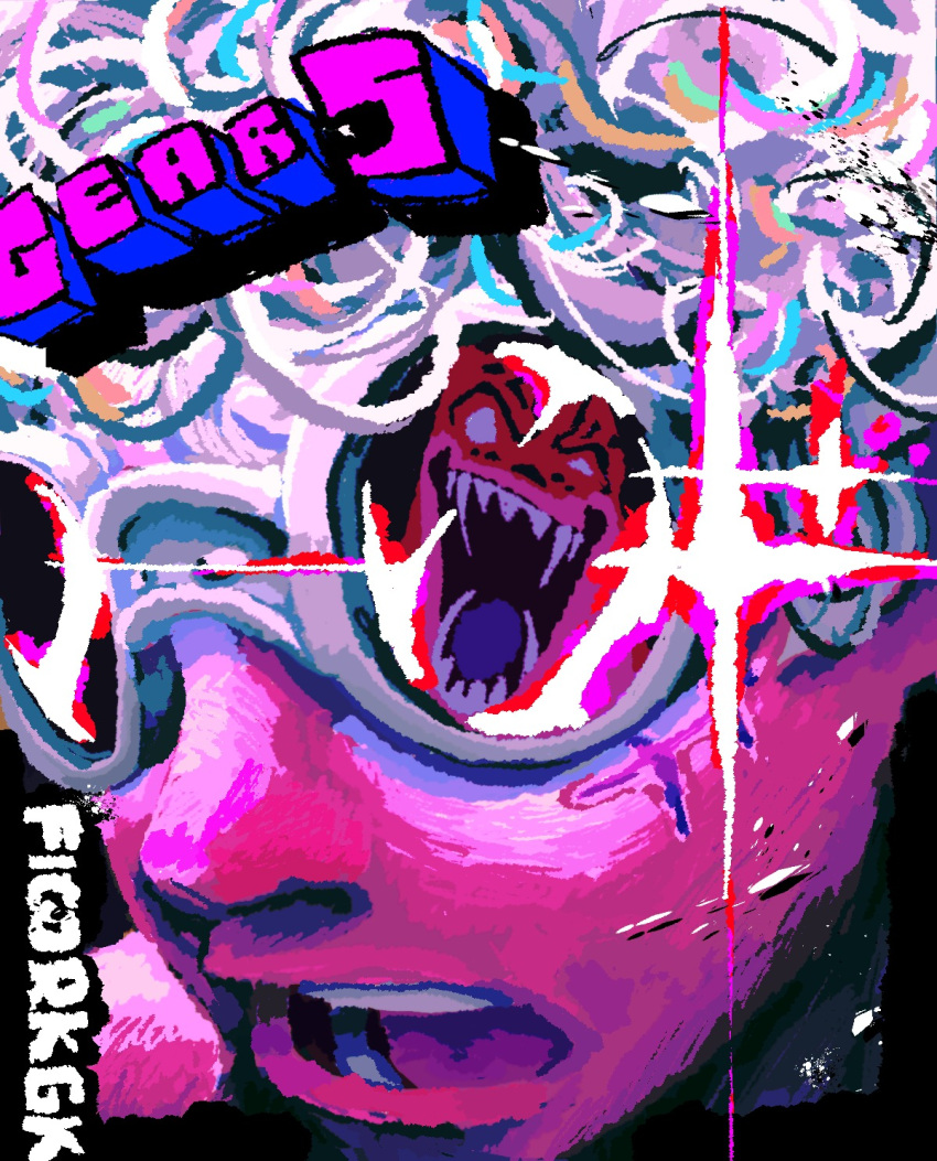 2boys, alternate_form, andoryu, artist_name, curly_hair, empty_eyes, english_text, fangs