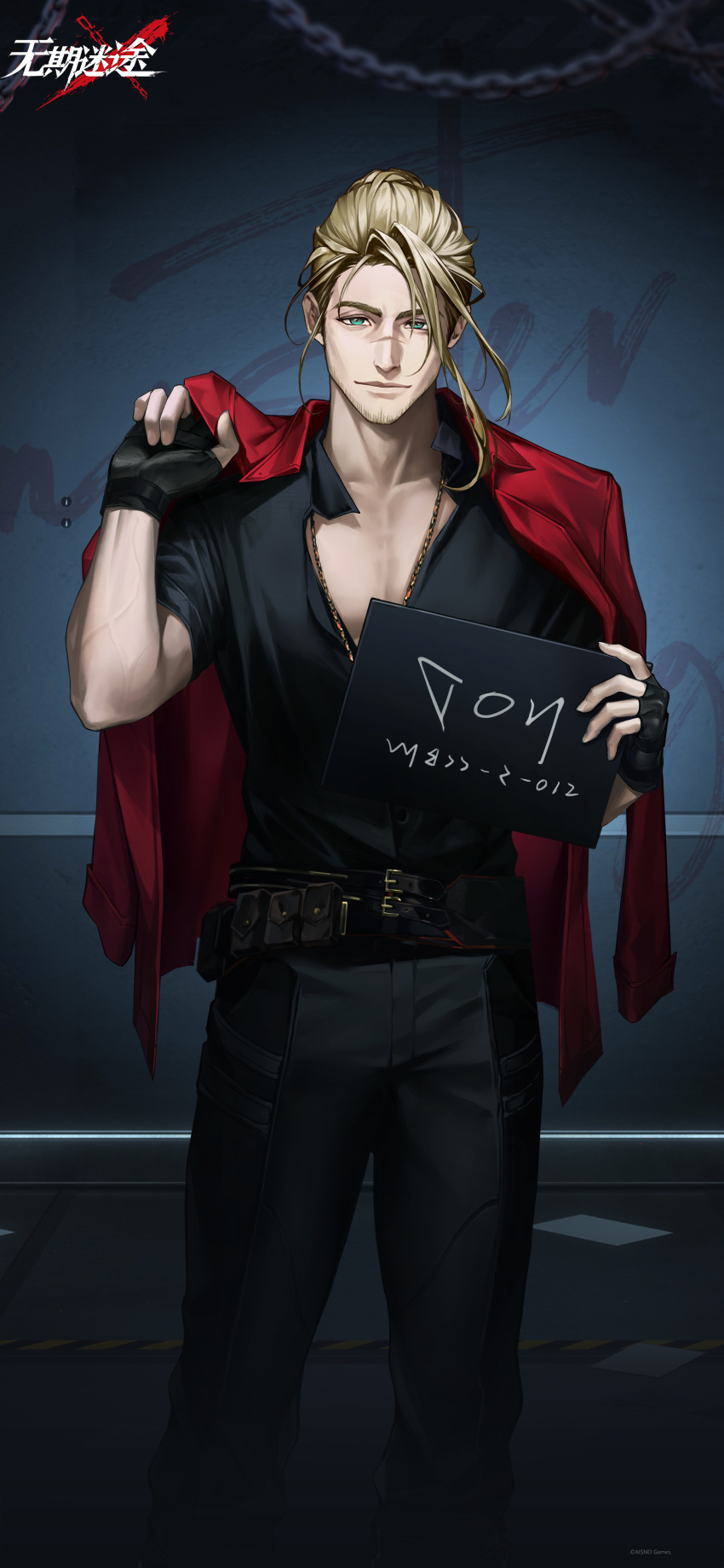 1boy, absurdres, against_wall, beard_stubble, belt, belt_pouch, black_belt, black_gloves, black_pants, black_shirt, blonde_hair, blue_eyes, chain, character_name, closed_mouth, copyright_name, donald_(path_to_nowhere), facial_hair, feet_out_of_frame, fingerless_gloves, gloves, hands_up, highres, holding, holding_jacket, holding_sign, holding_unworn_clothes, indoors, jacket, jacket_on_shoulders, jewelry, logo, looking_at_viewer, male_focus, mature_male, mugshot, necklace, official_art, official_wallpaper, pants, path_to_nowhere, pectoral_cleavage, pectorals, pouch, prison_clothes, red_jacket, scar, scar_on_face, scar_on_nose, shirt, short_hair, short_sleeves, sign, solo, standing, straight-on, stubble, toned, toned_male, utility_belt
