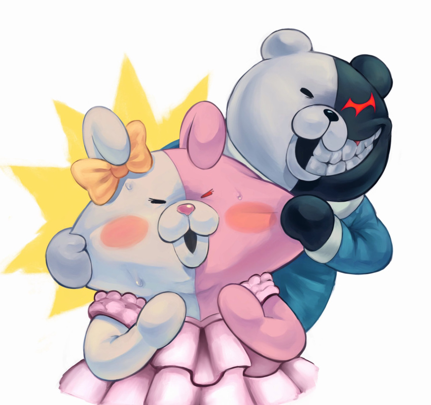 bow, danganronpa:_trigger_happy_havoc, danganronpa_(series), danganronpa_2:_goodbye_despair, dress, ear_bow, green_jacket, grin, heterochromia, highres, jacket, layered_dress, long_sleeves, lynn_(daisiloou), monokuma, monomi_(danganronpa), pink_dress, pleated_dress, red_eyes, smile, teeth, white_background, yellow_background