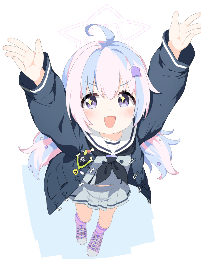1girl, :d, ahoge, arms_up, badge, black_neckerchief, blue_archive, blue_hair