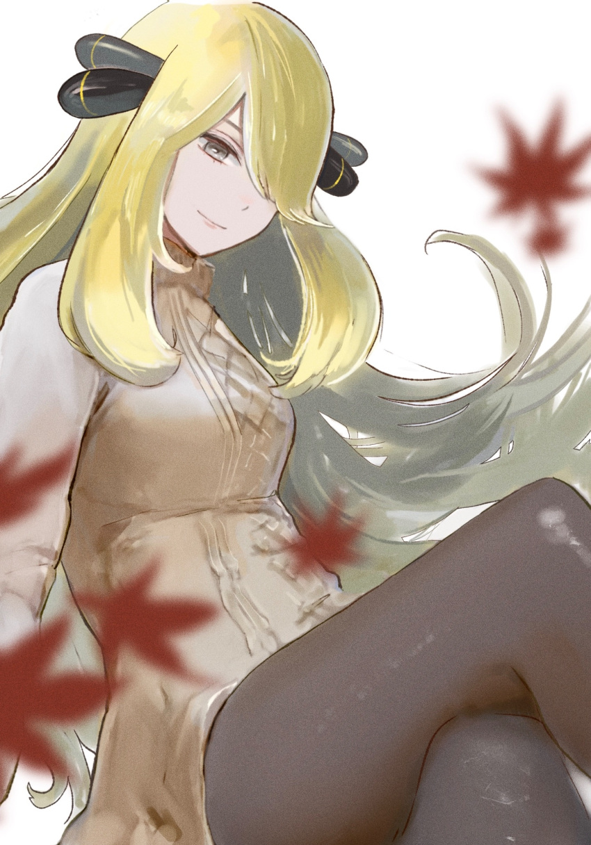 1girl, alternate_costume, black_pantyhose, blonde_hair, crossed_legs, cynthia_(pokemon), dress, grey_eyes