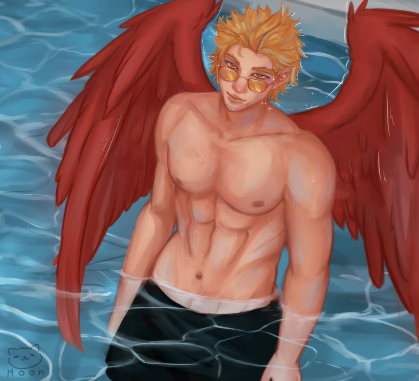 boku_no_hero_academia, facial_hair, feathers, hawks_(boku_no_hero_academia), highres, mature_male, muscular_uke, non-web_source, pool, red_feathers, red_wings, swimsuit, water, wet, wet_clothes, wet_swimsuit, wings