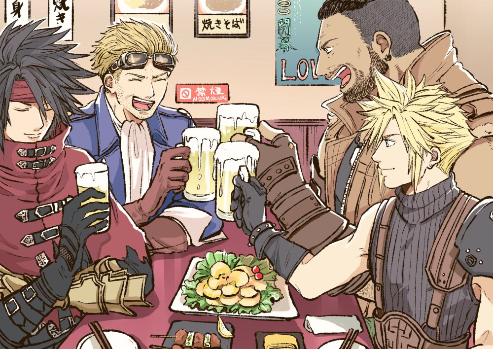 4boys, apron, armor, barret_wallace, beard, beer_mug, belt, black_footwear, black_gloves, black_hair, blonde_hair, blue_jacket, blue_shirt, brown_belt, brown_gloves, brown_vest, cid_highwind, clawed_gauntlets, cloak, closed_eyes, closed_mouth, cloud_strife, cup, dog_tags, earrings, facial_hair, final_fantasy, final_fantasy_vii, final_fantasy_vii_rebirth, final_fantasy_vii_remake, fingerless_gloves, gloves, goggles, goggles_on_head, headband, holding, holding_cup, indoors, jacket, jewelry, long_hair, male_focus, mug, multiple_boys, nisankagames, open_mouth, red_cloak, red_headband, shirt, short_hair, shoulder_armor, single_bare_shoulder, single_earring, single_shoulder_pad, sleeveless, sleeveless_turtleneck, smile, spiky_hair, stubble, suspenders, torn_clothes, turtleneck, very_short_hair, vest, vincent_valentine, white_apron