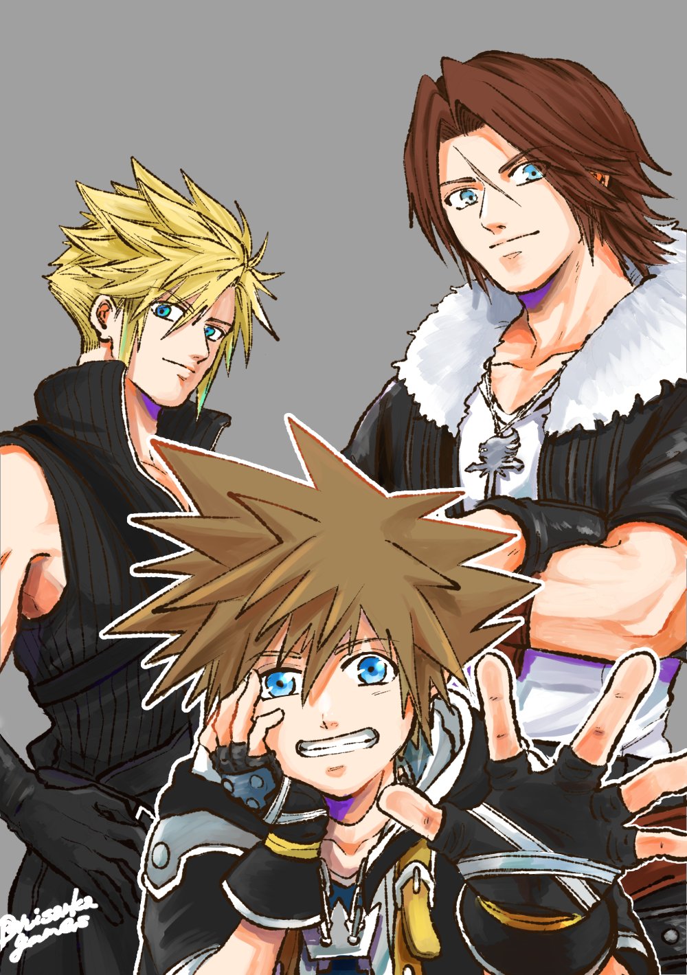 3boys, belt, black_belt, black_gloves, black_jacket, black_vest, blonde_hair, blue_eyes
