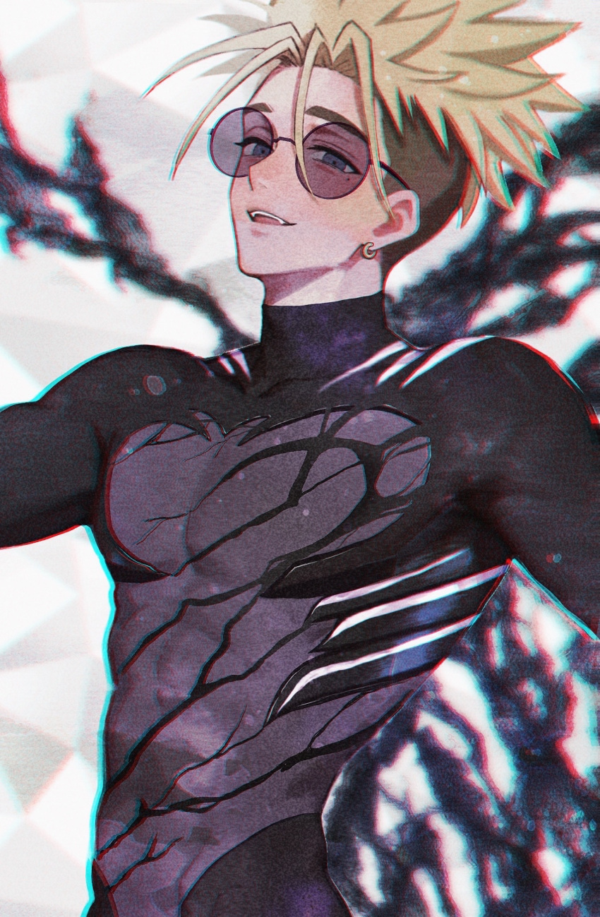 1boy, armor, black_armor, blonde_hair, blue_eyes, blurry, blurry_background, bodystocking
