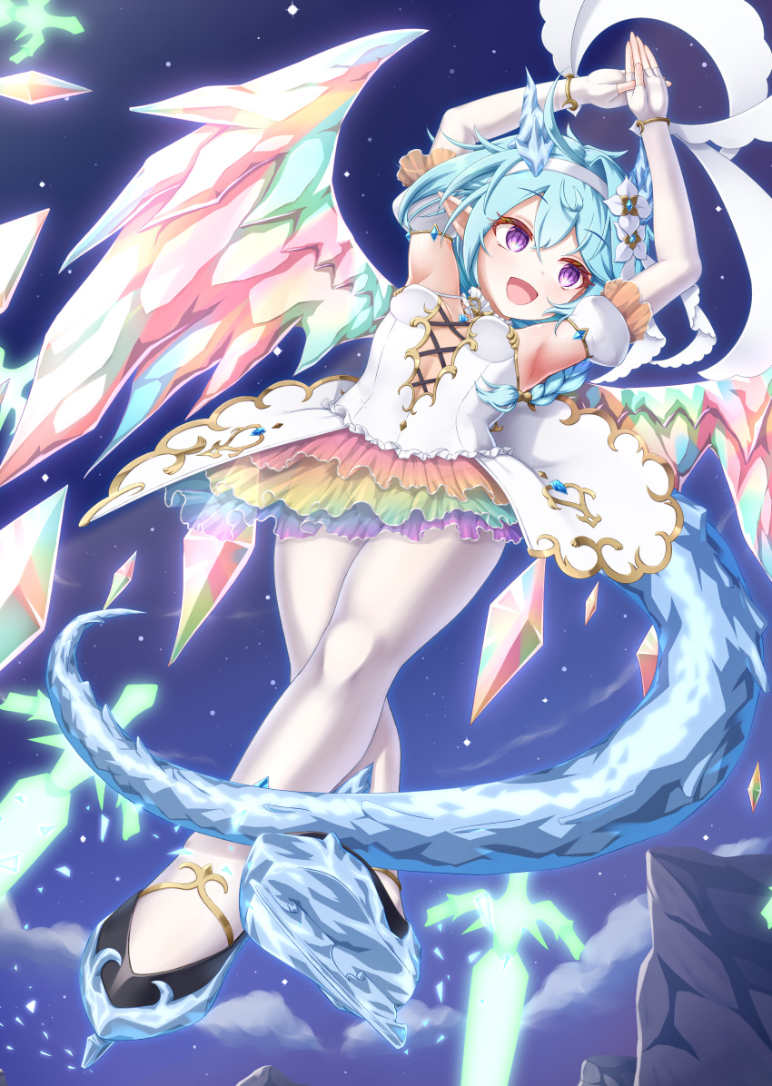 1girl, absurdres, blue_hair, blue_horns, braid, cross-laced_clothes, cross-laced_dress, crystal_horns