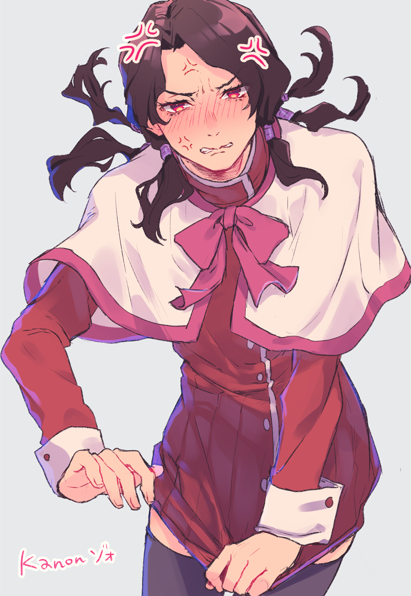 1boy, anger_vein, black_hair, blush, capelet, clothes_pull, cosplay, crossdressing