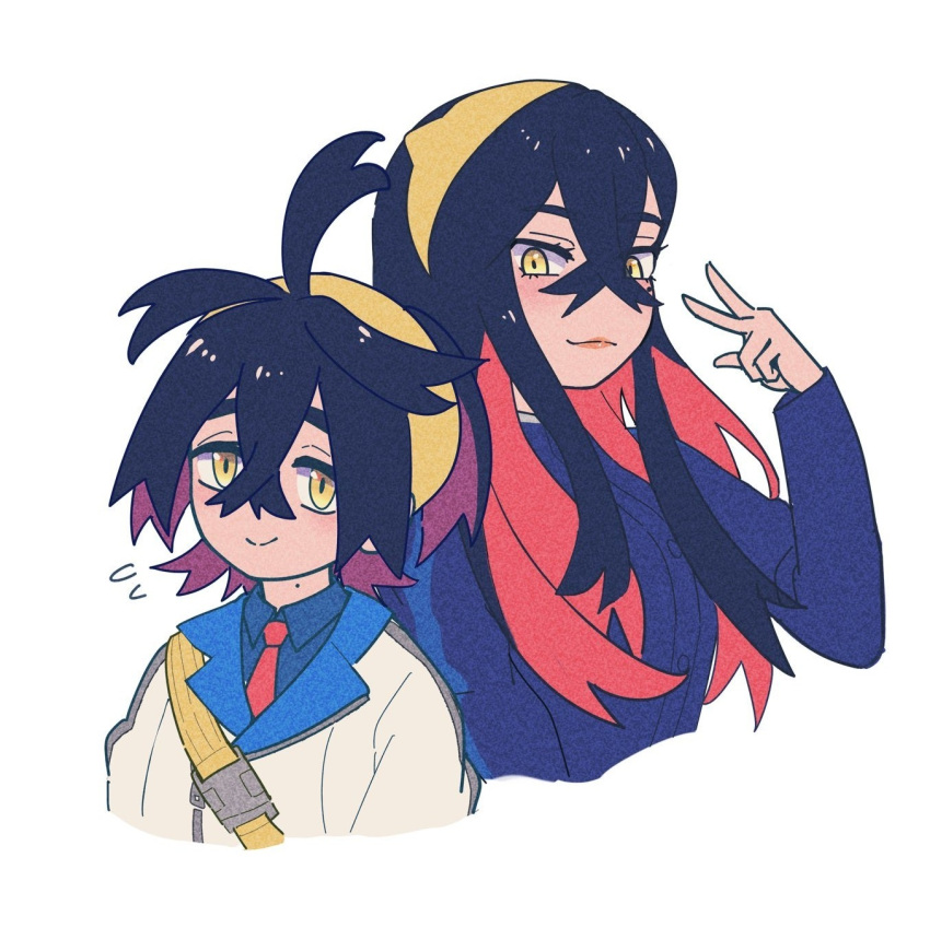 1boy, 1girl, black_hair, blue_jacket, blue_shirt, brother_and_sister, carmine_(pokemon), collared_shirt