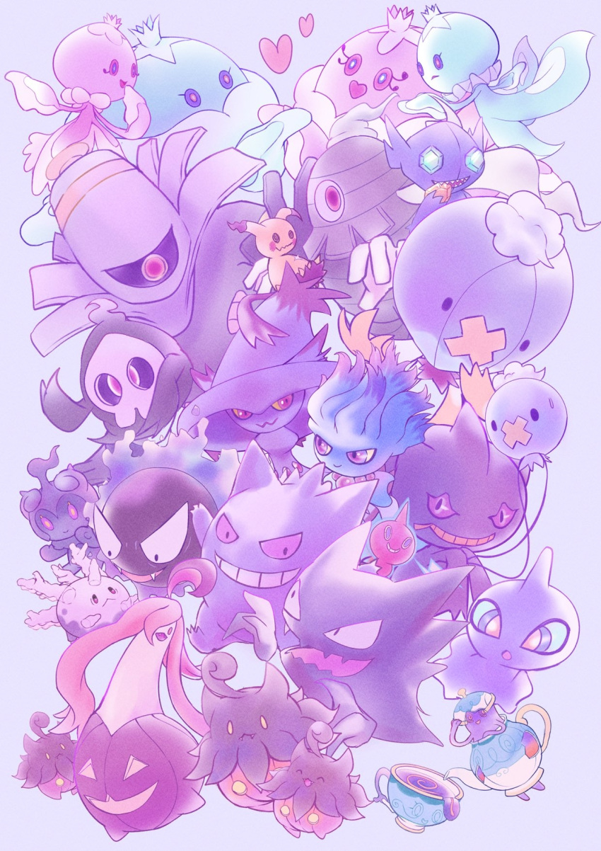 :<, banette, black_eyes, commentary_request, drifblim, drifloon, dusclops, dusknoir, duskull, fangs, frillish, frillish_(female), frillish_(male), galarian_corsola, gastly, gem, gengar, gourgeist, grey_background, grin, haunter, heart, highres, holding, holding_gem, jellicent, jellicent_(female), jellicent_(male), looking_down, marshadow, mimikyu, misdreavus, mismagius, no_humans, osaki_makura, pokemon, pokemon_(creature), polteageist, pumpkaboo, rotom, rotom_(normal), sableye, shuppet, sinistea, smile, teeth, violet_eyes