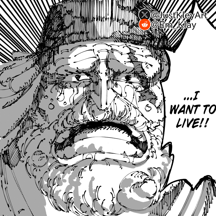 1boy, absurdres, beard, black_eyes, black_hat, crying, crying_with_eyes_open, dreadlocks, english_text, facial_hair, hat, highres, i_want_to_live_(meme), jaygarcia_saturn, justkleyart, looking_at_viewer, male_focus, medium_hair, meme, monochrome, mustache, old, old_man, one_piece, open_mouth, portrait, reddit_username, scar, scar_across_eye, scene_reference, sketch, speech_bubble, tears, teeth, twitter_username, white_hair