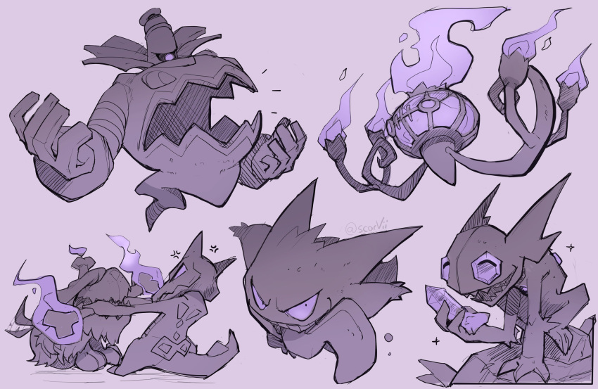 alolan_marowak, anger_vein, bone, candle, chandelier, chandelure, dog, dusknoir, fangs, fire, gem, gengar, ghost_tail, greavard, highres, holding, holding_bone, holding_gem, long_tongue, monochrome, mouth_hold, no_humans, one-eyed, open_mouth, pokemon, pokemon_(creature), purple_fire, purple_gemstone, sableye, scarvii, sharp_teeth, single_flame, skin_fangs, smile, squatting, stomach_mouth, struggling, tail, tail_wagging, teeth, tongue, tongue_out, violet_eyes