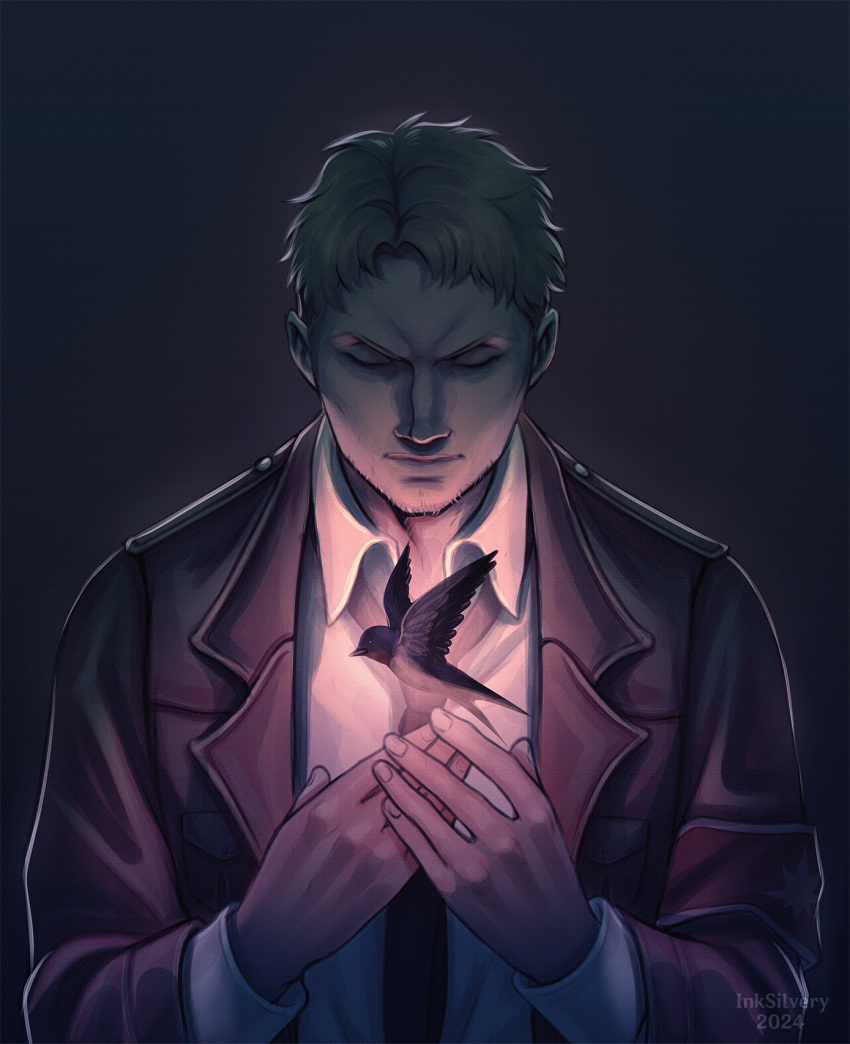 1boy, animal, beard_stubble, bird, black_background, black_necktie, blonde_hair, brown_jacket