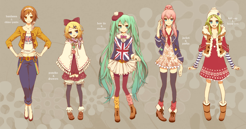 alternate_costume, aqua_eyes, aqua_hair, blonde_hair, blue_eyes, brown_eyes, brown_hair, casual