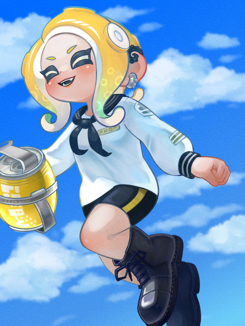 1girl, :d, ^_^, aqua_hair, bike_shorts, black_footwear, black_neckerchief, black_sailor_collar