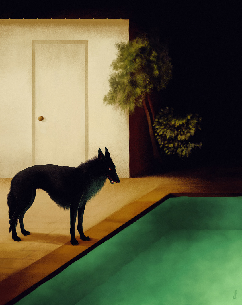 animal, animal_focus, black_dog, black_fur, blank_eyes, building, commentary, dappermouth