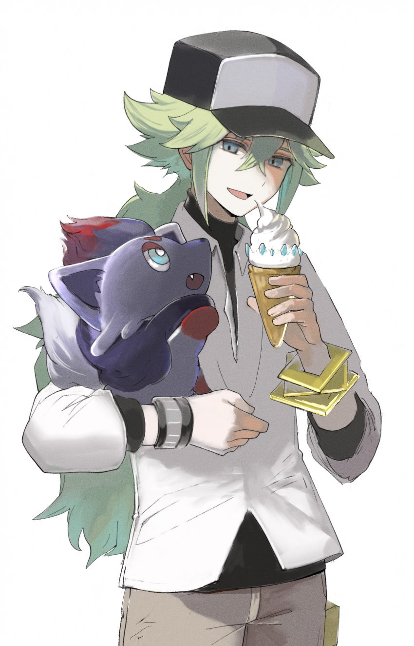 1boy, absurdres, bangle, black_hat, bracelet, collared_shirt, commentary_request, cowboy_shot, food, green_hair, hat, highres, holding, holding_pokemon, ice_cream, ice_cream_cone, jewelry, long_hair, male_focus, n_(pokemon), open_mouth, pants, pokemon, pokemon_(creature), pokemon_bw, ringosan2329, shirt, smile, undershirt, wristband, zorua