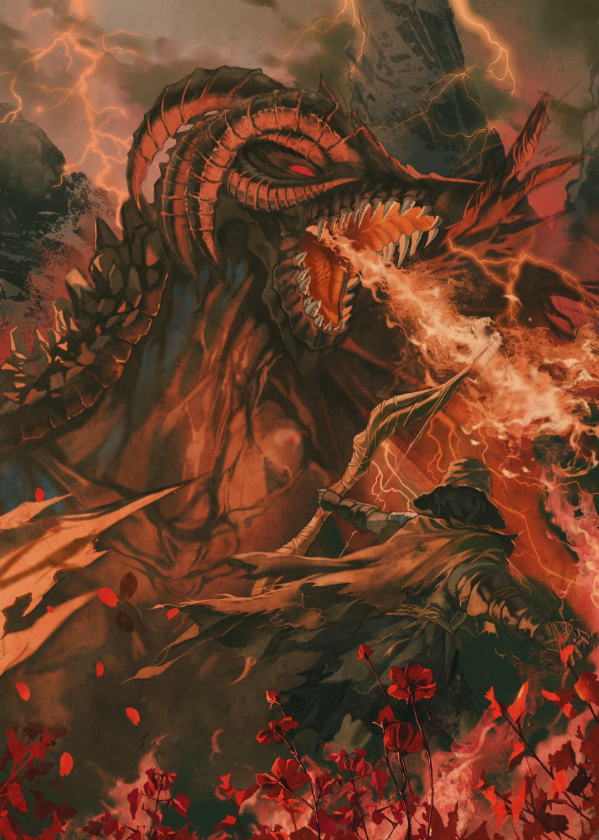 1boy, bayle_the_dread, black_gloves, black_pants, bow_(weapon), breath_weapon, dragon, drake_warrior_igon