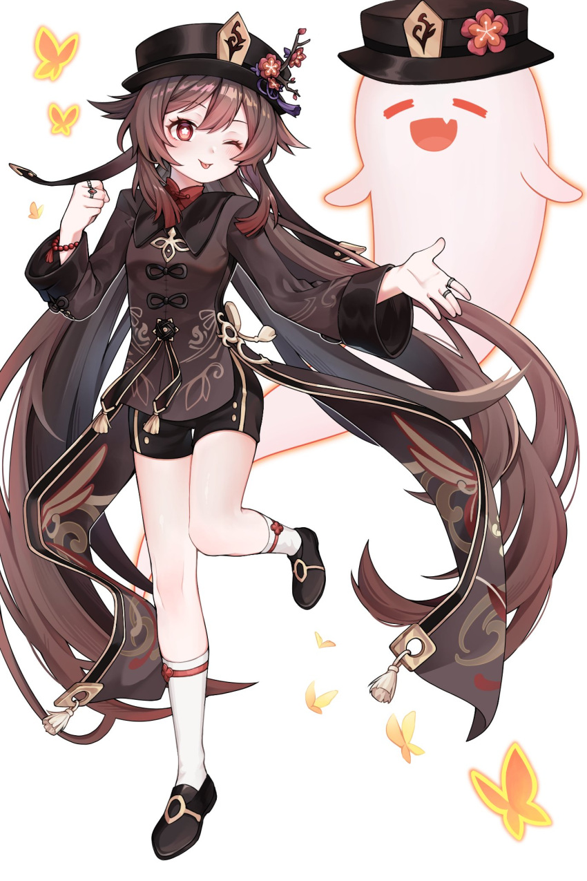 1girl, ;p, absurdly_long_hair, ankle_socks, bead_bracelet, beads, black_footwear, black_hat