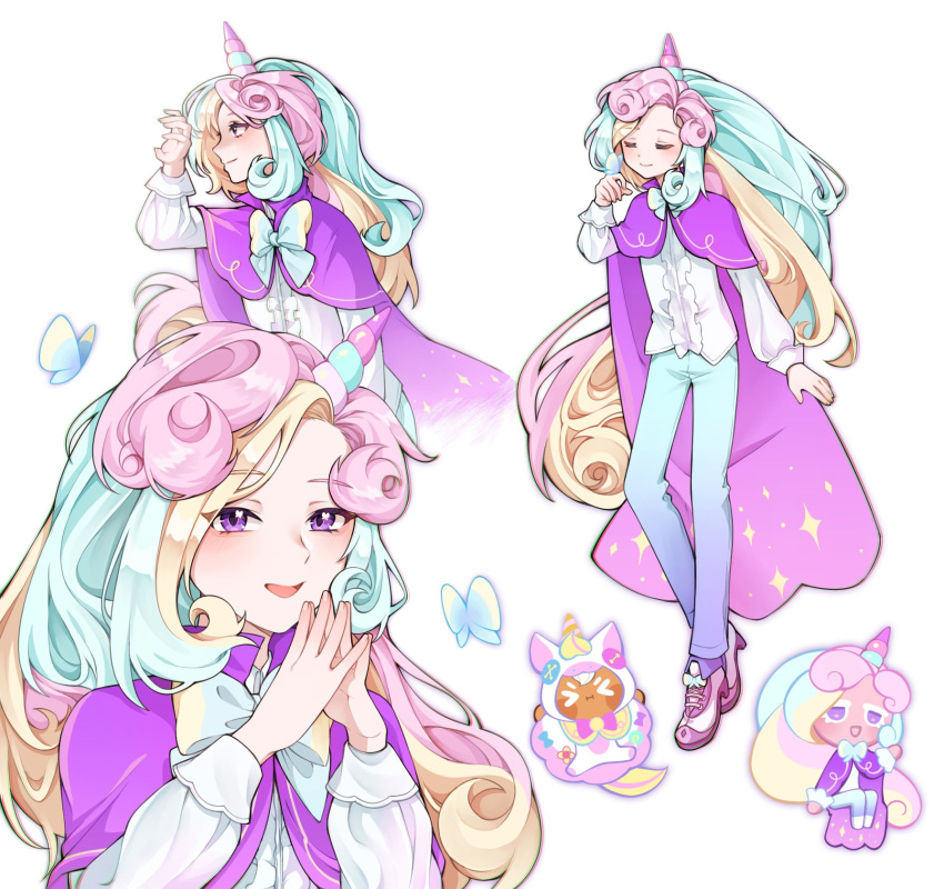 1other, blonde_hair, blue_hair, blue_pants, bug, butterfly, butterfly_on_hand, cape, commentary, cookie_run, cookie_run:_kingdom, cookie_run:_ovenbreak, cream_unicorn_cookie, curly_hair, curtained_hair, dress_shirt, dress_shoes, highres, humanization, long_hair, long_sleeves, multicolored_hair, multiple_views, official_alternate_costume, ol_nang, other_focus, oxfords, pancake_cookie, pancake_cookie_(fluffy_unicorn_jammies), pants, pink_footwear, pink_hair, purple_cape, shading_eyes, shirt, side_part, simple_background, steepled_fingers, streaked_hair, symbol-only_commentary, tiptoes, two-tone_footwear, unicorn_horn, very_long_hair, violet_eyes, white_background, white_footwear, white_shirt