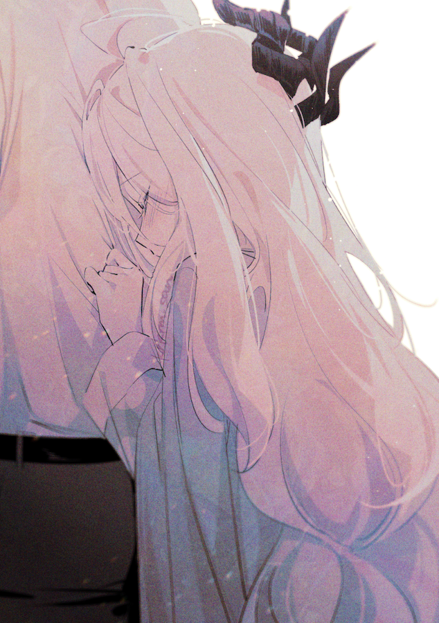 1boy, 1girl, belt, black_belt, blue_archive, closed_eyes, demon_horns, embarrassed, grey_pants, head_on_another's_back, hina_(blue_archive), horns, long_hair, ouri_(aya_pine), pajamas, pants, pulling_another's_clothes, sensei_(blue_archive), shirt, very_long_hair, white_hair, white_shirt