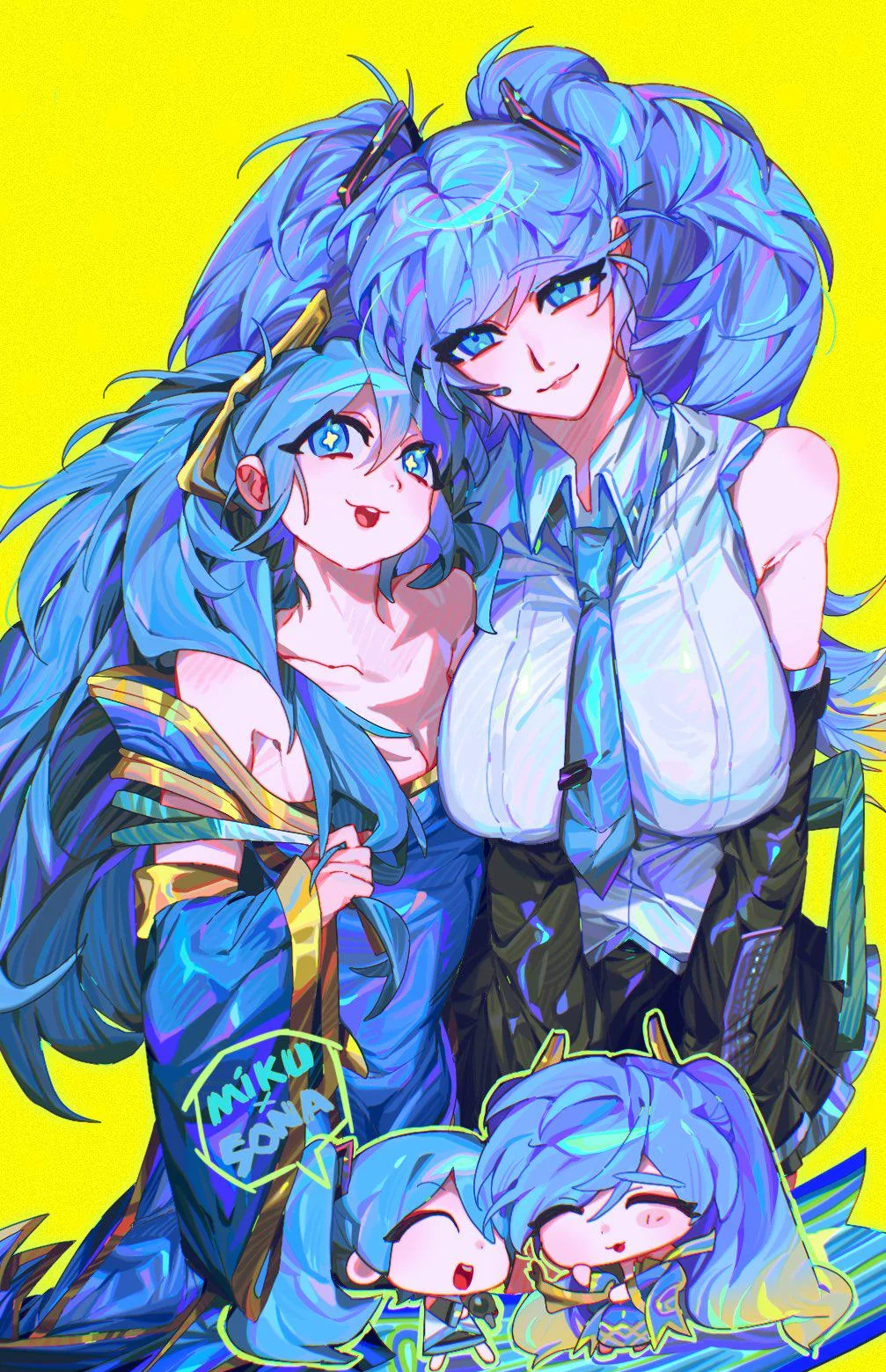 blue_hair, costume_switch, hatsune_miku, league_of_legends, long_hair, look-alike, lookalike, multiple_girls