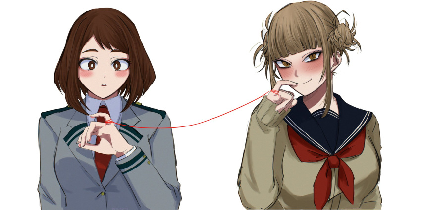 2girls, arm_at_side, azu_sawa1131, black_eyeliner, blazer, blonde_hair, blue_sailor_collar, blunt_bangs, blush, bob_cut, boku_no_hero_academia, breasts, bright_pupils, brown_cardigan, brown_hair, cardigan, closed_mouth, collared_shirt, commentary, double_bun, dress_shirt, eyelashes, eyeliner, green_trim, grey_jacket, hair_bun, hair_up, hand_on_own_face, hand_up, highres, implied_yuri, inverted_bob, jacket, large_breasts, long_sleeves, looking_at_hand, looking_at_self, looking_at_viewer, loose_hair_strand, makeup, messy_hair, multiple_girls, neckerchief, necktie, nose_blush, parted_lips, portrait, red_neckerchief, red_necktie, sailor_collar, school_uniform, serafuku, shirt, short_hair, side-by-side, sidelocks, simple_background, sleeves_past_wrists, slit_pupils, smile, string, string_of_fate, string_on_pinky, swept_bangs, teeth, thick_eyebrows, toga_himiko, upper_body, upper_teeth_only, uraraka_ochako, white_background, white_pupils, white_shirt, yellow_eyes