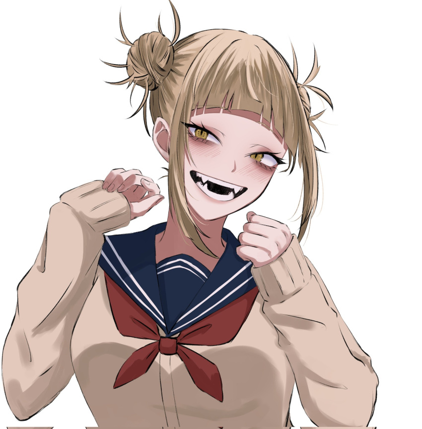 1girl, :d, azu_sawa1131, bags_under_eyes, black_mouth, blonde_hair, blue_sailor_collar, blunt_bangs, blush, boku_no_hero_academia, breasts, brown_cardigan, cardigan, commentary, corrupted_twitter_file, curled_fingers, double_bun, eyelashes, hair_bun, hair_up, highres, large_breasts, long_sleeves, looking_at_viewer, loose_hair_strand, messy_hair, neckerchief, open_mouth, red_neckerchief, sailor_collar, school_uniform, serafuku, sharp_teeth, sidelocks, simple_background, sleeves_past_wrists, slit_pupils, smile, solo, teeth, toga_himiko, upper_body, white_background, yellow_eyes