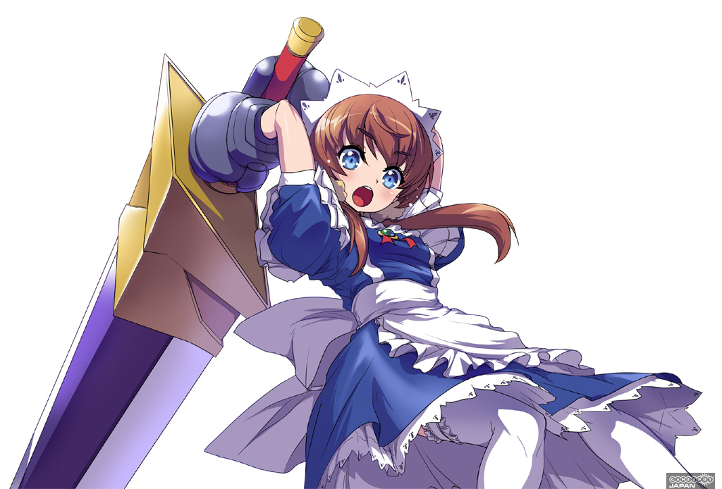 :o, apron, arcana_heart, arcana_heart_3, armor, arms_behind_head, blue_eyes, blush