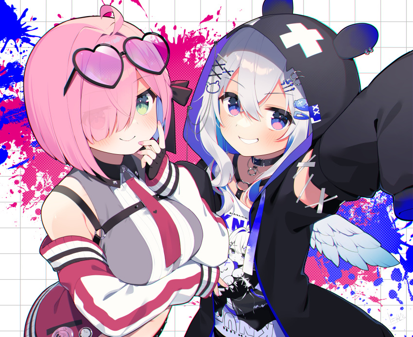 2girls, absurdres, ahoge, amane_kanata, amane_kanata_(punk_rock), angel_wings, animal_hood, arm_up, black_choker, black_gloves, black_hoodie, character_print, choker, colored_inner_hair, crossed_bangs, eyewear_on_head, fingerless_gloves, gloves, green_eyes, grid_background, grin, hair_ornament, hair_over_one_eye, harness, heart, heart-shaped_eyewear, heart_o-ring, highres, himemori_luna, himemori_luna_(streetwear), hololive, hood, hoodie, jacket, long_sleeves, looking_at_viewer, multicolored_hair, multiple_girls, necktie, nyasunyadoora, o-ring, o-ring_harness, off_shoulder, official_alternate_costume, open_clothes, open_jacket, paint_splatter, pink-tinted_eyewear, pink_hair, print_shirt, purple_hair, red_necktie, self_character_print, shirt, short_hair, sleeves_past_fingers, sleeves_past_wrists, smile, tinted_eyewear, upper_body, violet_eyes, virtual_youtuber, white_jacket, wings, x_hair_ornament