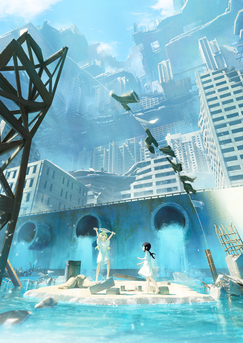 2girls, absurdres, animal, arms_up, black_hair, blonde_hair, blue_eyes, building