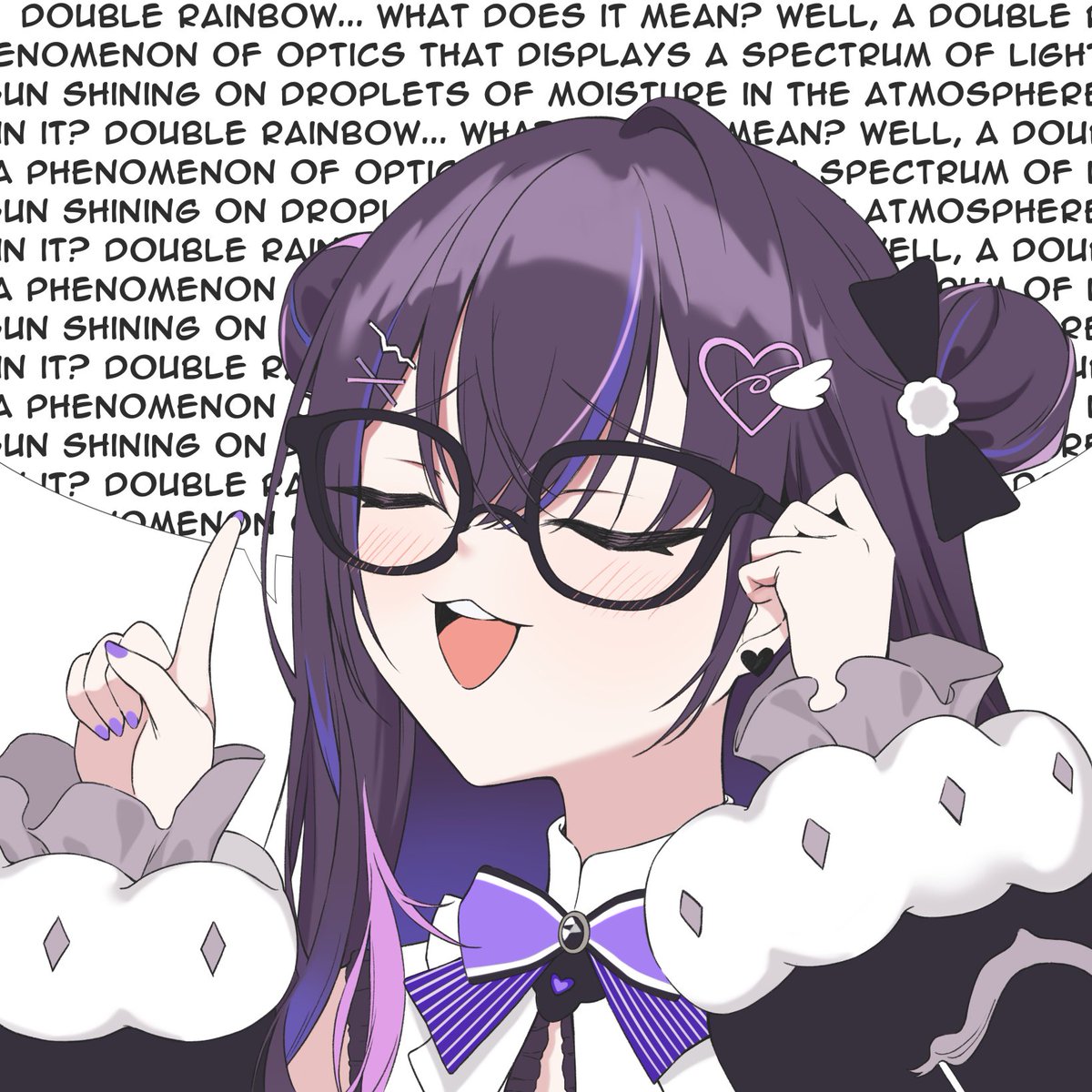 1girl, :3, adjusting_eyewear, black-framed_eyewear, black_bow, black_sleeves, blue_hair, blush, bow, bowtie, closed_eyes, colored_inner_hair, commentary, double-parted_bangs, double_bun, earrings, english_commentary, english_text, fingernails, furrowed_brow, glasses, gradient_hair, hair_between_eyes, hair_bow, hair_bun, hair_ornament, hairclip, hand_on_eyewear, hands_up, heart, heart_earrings, heart_hair_ornament, high_collar, highres, index_finger_raised, jewelry, long_hair, long_sleeves, mikure_narin, multicolored_hair, nail_polish, open_mouth, pink_hair, portrait, purple_bow, purple_bowtie, purple_hair, purple_nails, raised_eyebrows, riro_(rir_0), shirt, simple_background, solo, speech_bubble, streaked_hair, teeth, thick_eyelashes, upper_teeth_only, virtual_youtuber, vspo!, vspo!_en, white_background, white_shirt, x_hair_ornament