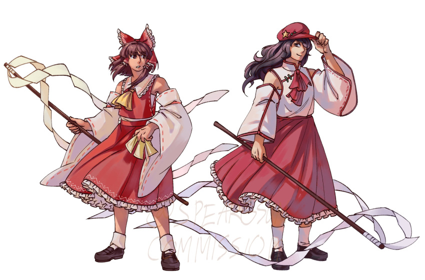 2girls, adjusting_clothes, adjusting_headwear, ankle_socks, ascot, bare_shoulders, black_footwear, black_hair