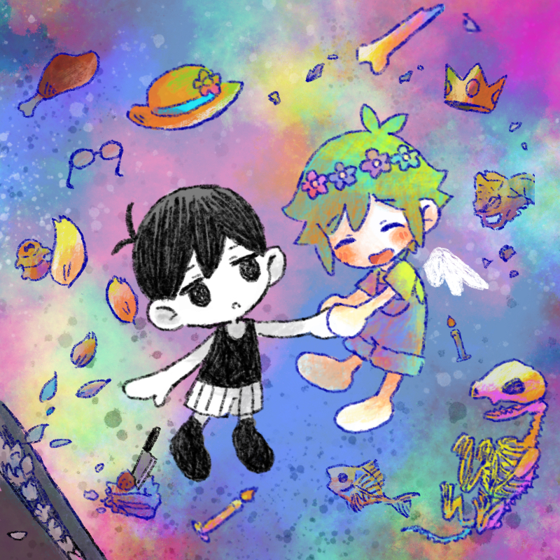 2boys, angel_wings, antenna_hair, bare_shoulders, basil_(headspace)_(omori), basil_(omori), black_eyes, black_hair