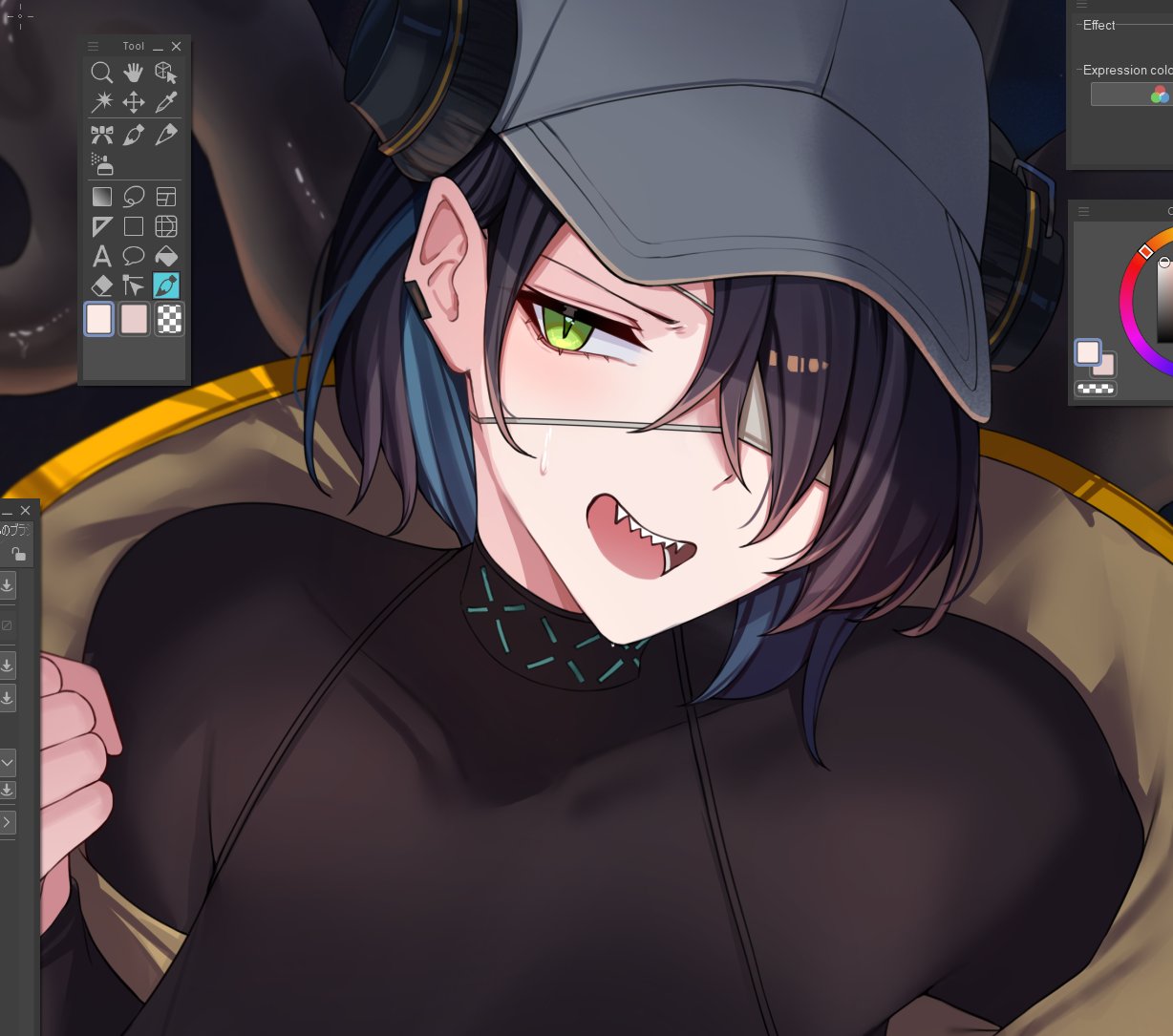 1girl, :d, arknights, asbestos_(arknights), baseball_cap, black_hair, blue_hair, breasts