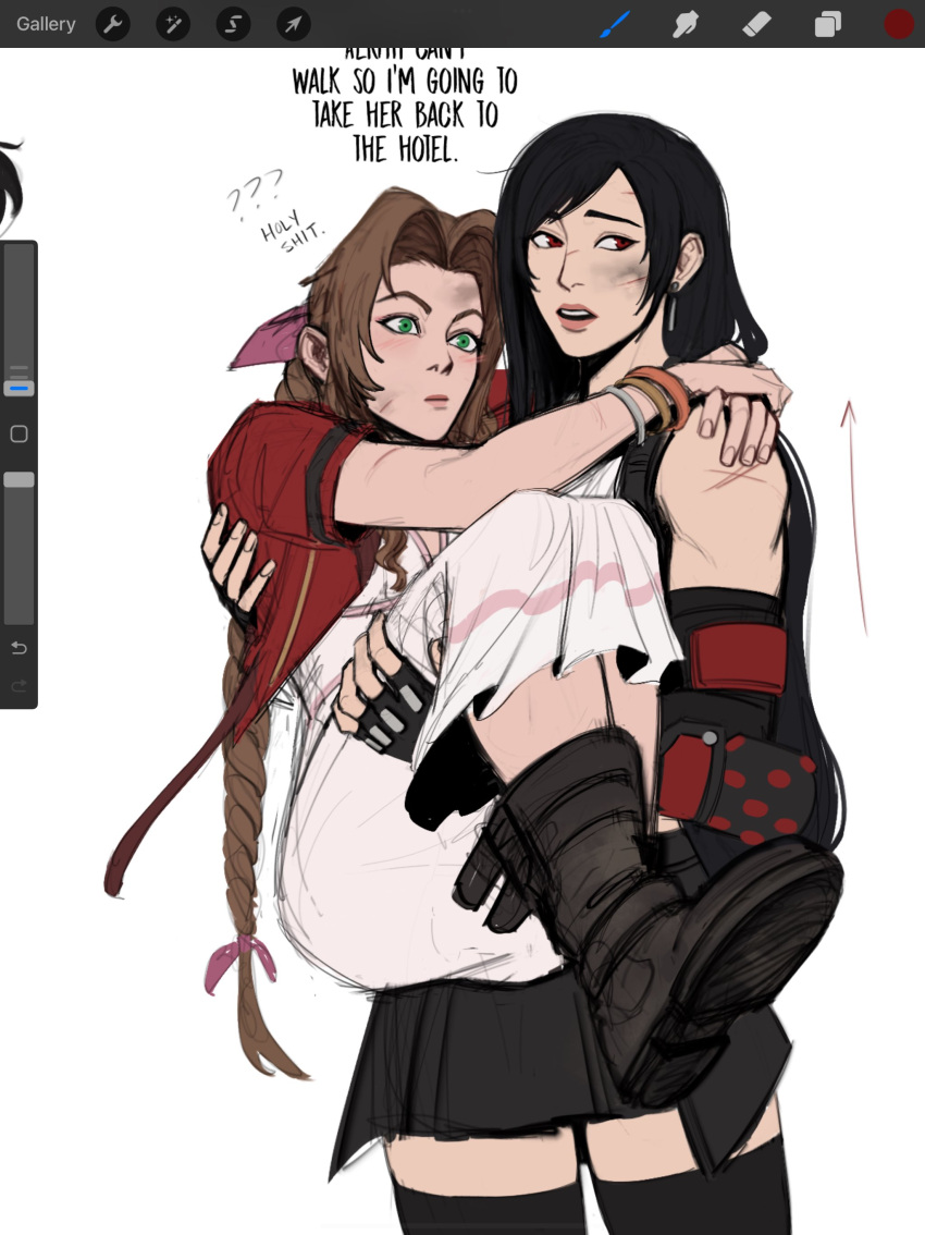 2girls, absurdres, aerith_gainsborough, arms_around_neck, bangle, bare_shoulders, black_gloves, black_hair