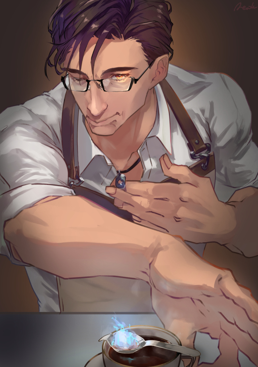 1boy, apron, belmond_banderas, brown_background, brown_hair, coffee, highres, jewelry, male_focus, necklace, nijisaniji, one_eye_closed, orange_eyes, reeoka_oh, shirt, smile, solo, spoon, upper_body, virtual_youtuber, white_shirt